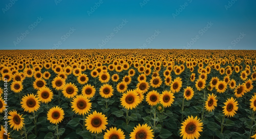 Obraz premium Endless sunflower field extending to the horizon under the blue sky for summer background, nature advertising, agriculture concept, farming promotion, seasonal beauty