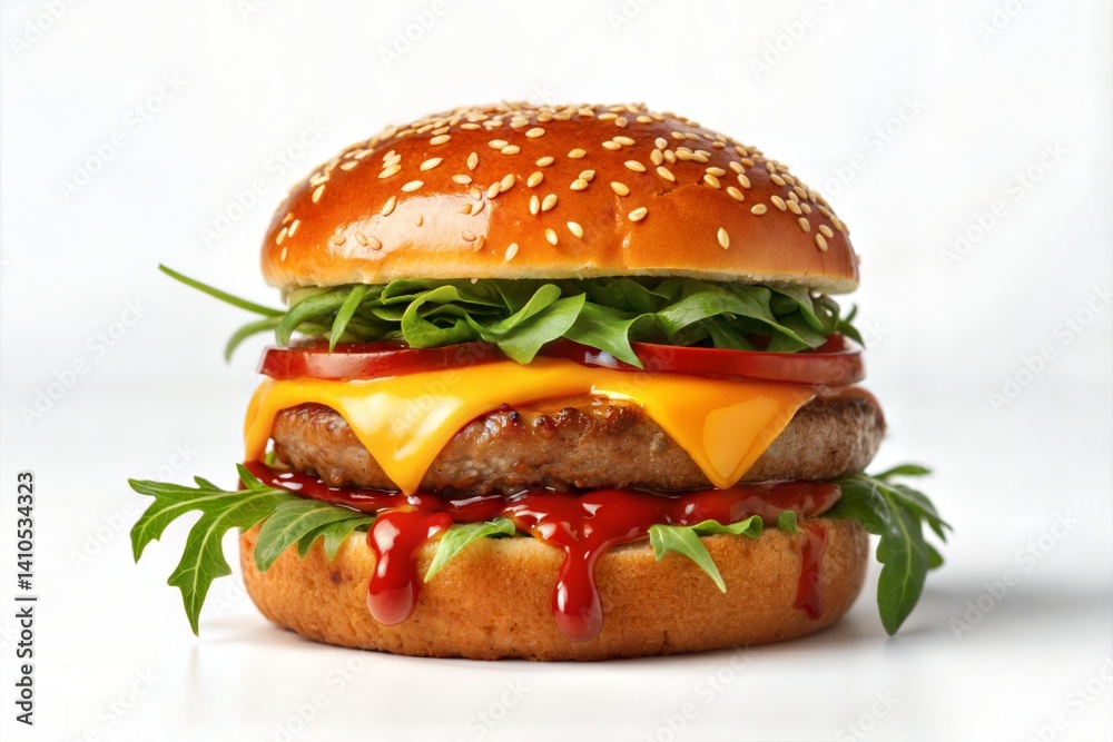 Close-up of a delicious cheeseburger with beef patty, melted cheddar cheese, fresh tomato, arugula, ketchup, and sesame seed bun isolated on white background for fast food and restaurant themes