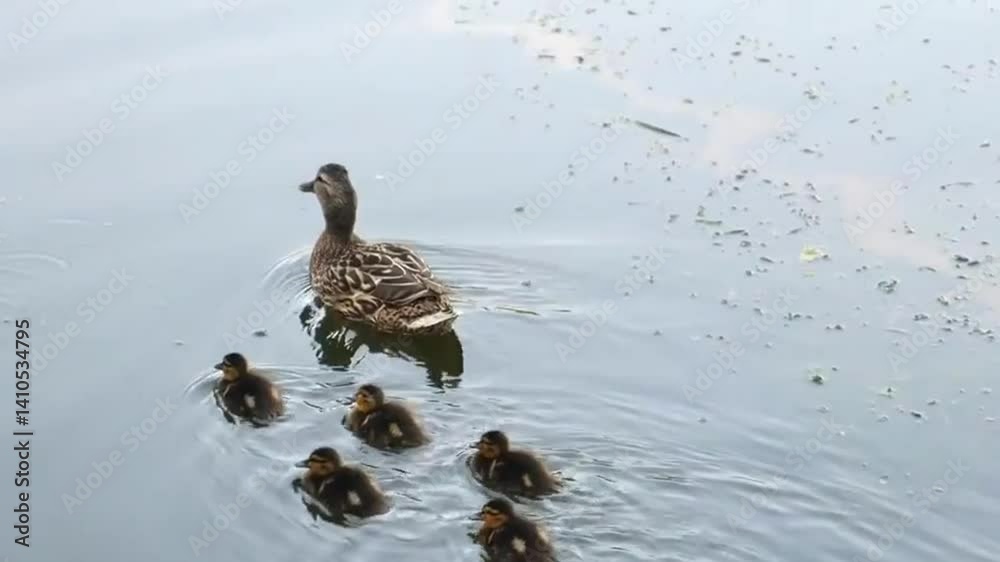Wild brown mallard duck and young ducklings swim in the lake water, a beautiful nature scene