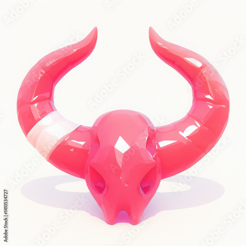 Pink bull skull sculpture, white isolated background.