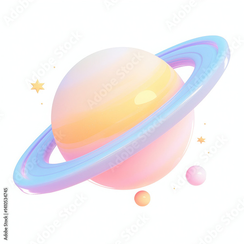 Planet Saturn with pastel rings and stars, white isolated background.