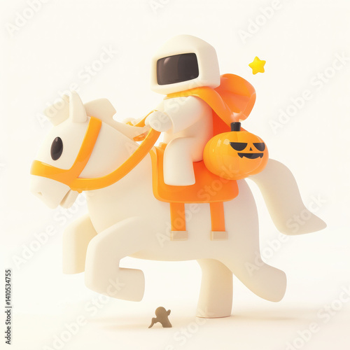 Playful astronaut figure riding a horse with pumpkin bag, white isolated background.