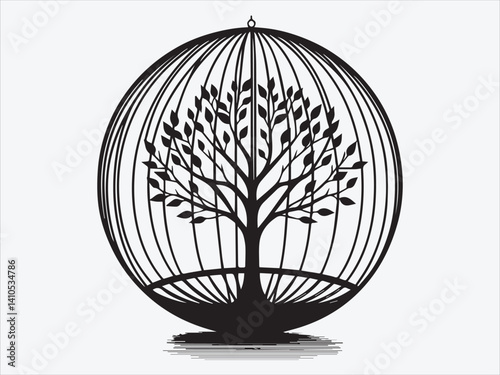 Tree of Life Inside a Cage Silhouette Symbolizing Confinement, Growth, and the Struggle for Freedom in Nature-Inspired Art
