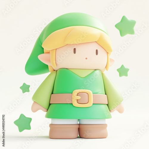 Playful cartoon character with green attire and stars.