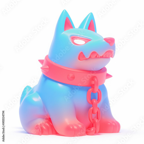 Playful colorful dog sculpture with a chain, white isolated background.