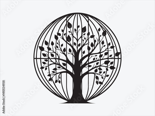 Tree of Life Inside a Cage Silhouette Symbolizing Confinement, Growth, and the Struggle for Freedom in Nature-Inspired Art