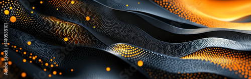 dynamic abstract art piece featuring flowing black and orange waves with dotted patterns, creating sense of movement and energy. vibrant colors and textures evoke contemporary feel