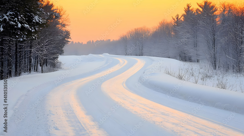 Snowy Winding Road Through Forest at Sunrise Snowy Winding Road Through Forest at Sunrise