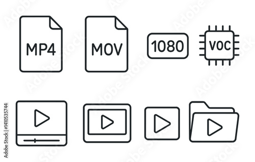 outline vector icons of video formats: MP4 file, MOV file, AVI icon, MKV icon, resolution tag, video codec, thumbnail, video folder. set of line style icons in a modern, minimalist design.