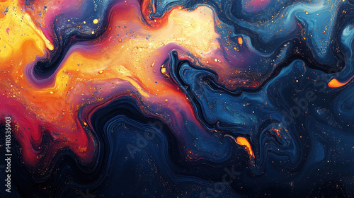 Vibrant abstract oil spill pattern with swirling colors of orange, yellow, and blue creating dynamic and fluid design. image evokes sense of movement and energy