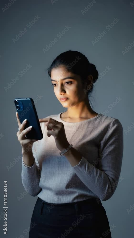 Woman using smartphone, indoor, focused, professional, social media, background neutral Woman using smartphone, indoor, focused, professional, social media, background neutral