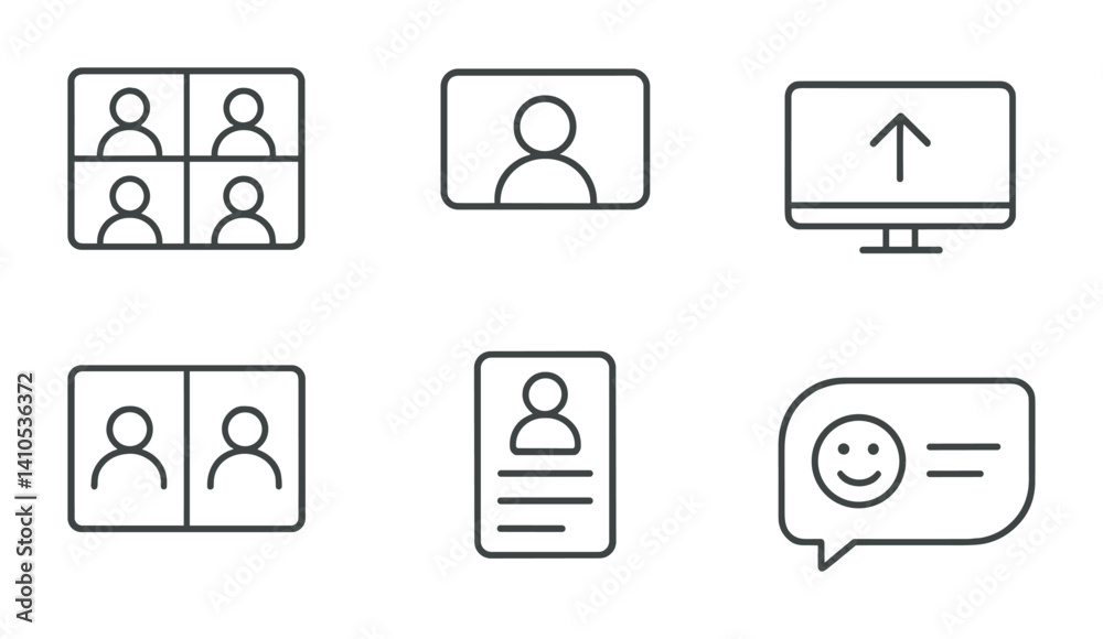 outline vector icons of business communication: email, speech bubble, chat box, phone call, video conference, loudspeaker, notification bell, newsletter. set of line style icons in a modern,
