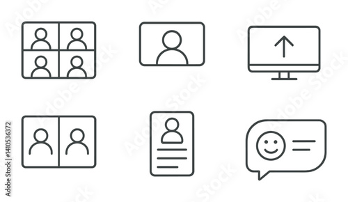 Obraz na płótnie outline vector icons of business communication: email, speech bubble, chat box, phone call, video conference, loudspeaker, notification bell, newsletter. set of line style icons in a modern, w salonie
