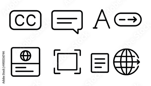 outline vector icons of educational video: lecture icon, course video, online class, quiz overlay, whiteboard video, teacher frame, subtitles icon, playback control. set of line style icons in a
