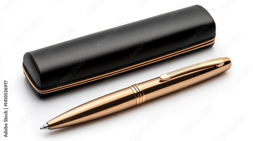 A luxury corporate pen set with a matching gold-plated case on an absolutely white background. A luxury corporate pen set with a matching gold-plated case on an absolutely white background.