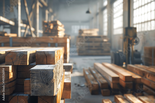 Längsansicht von Holzbalken und Paletten in Lagerhalle