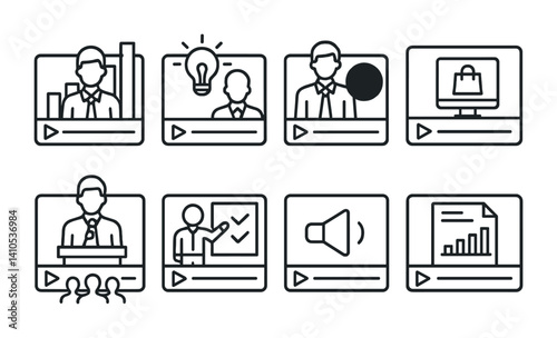 outline vector icons of business video: company intro, pitch video, testimonial video, product showcase, corporate talk, training clip, brand message, case study. set of line style icons in a modern,