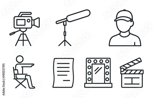 outline vector icons of behind the scenes video: camera setup, boom mic, light rig, crew member, director icon, script page, makeup mirror, clapperboard. set of line style icons in a modern,
