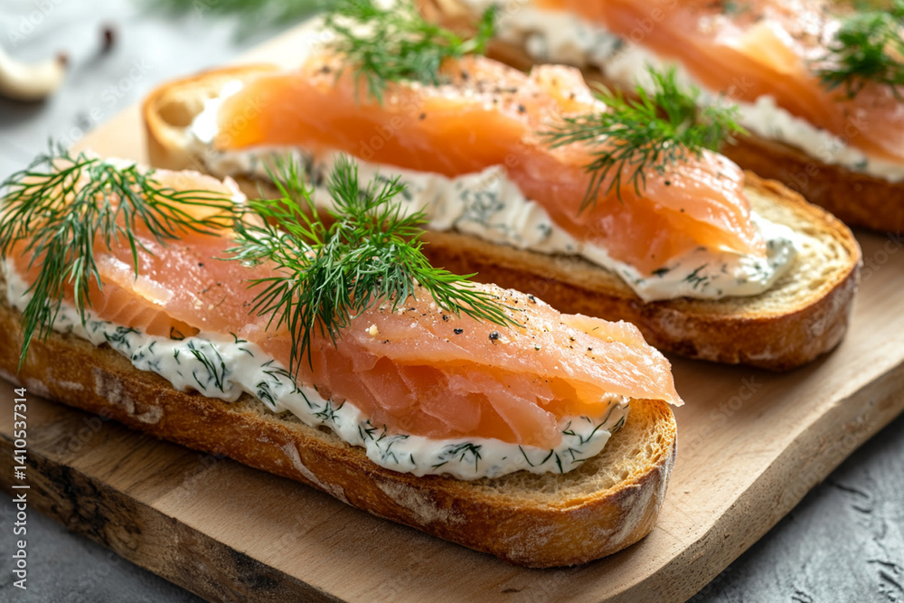 Crusty baguette with smoked salmon, cream cheese and fresh dill, served on a wooden board Crusty baguette with smoked salmon, cream cheese and fresh dill, served on a wooden board