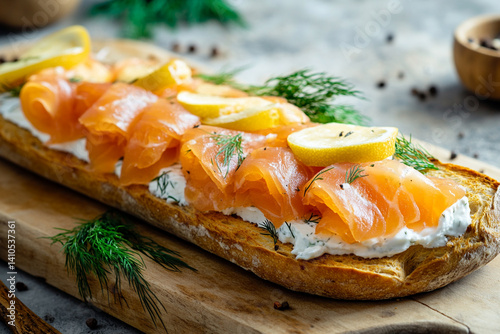Crusty baguette with smoked salmon, cream cheese and fresh dill, served on a wooden board photo