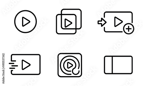 outline vector icons of video editing tools: cut tool, trim icon, timeline, transition icon, split clip, layer icon, crop frame, color grading., set of line style icons in a modern, minimalist design