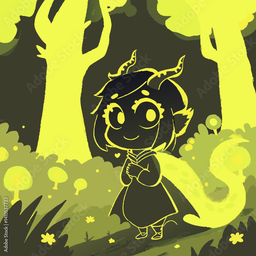 A cute anime-style dragon girl with small horns and a glowing tail, set in a magical forest, creating a whimsical and enchanting atmosphere.