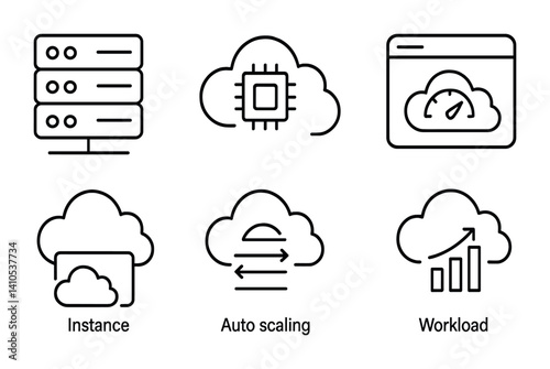 outline vector icons of cloud computing: server icon, cloud processor, virtual machine, compute power, instance icon, elastic server, auto scaling, workload icon. set of line style icons in a modern,