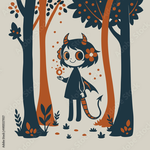 A cute anime-style dragon girl with small horns and a glowing tail, set in a magical forest, creating a whimsical and enchanting atmosphere.