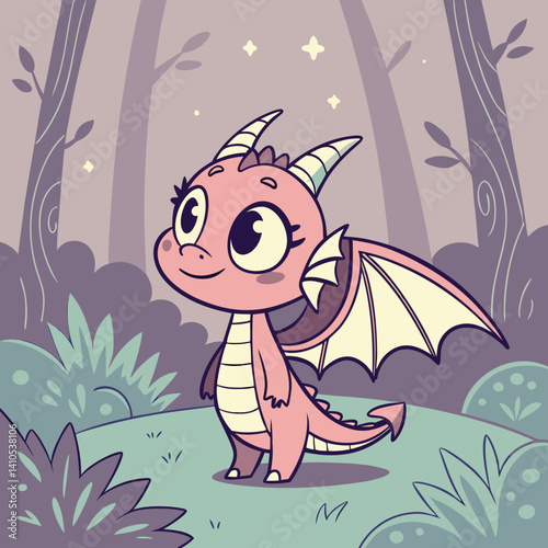 A cute anime-style dragon girl with small horns and a glowing tail, set in a magical forest, creating a whimsical and enchanting atmosphere.