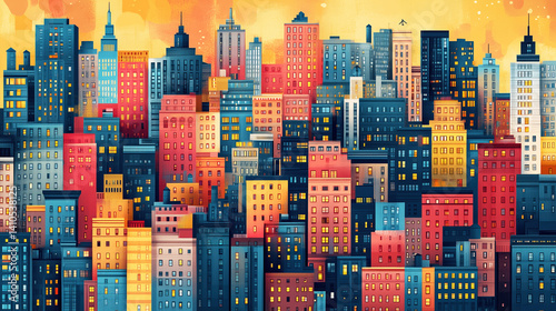 vibrant cityscape illustration features colorful array of tall buildings under warm, glowing sky. diverse architecture and lively colors create dynamic urban atmosphere