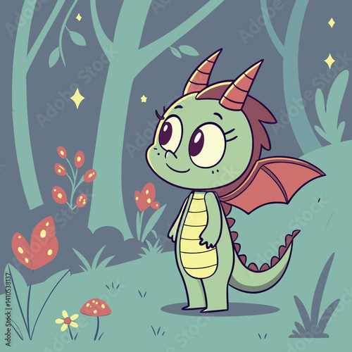 A cute anime-style dragon girl with small horns and a glowing tail, set in a magical forest, creating a whimsical and enchanting atmosphere.