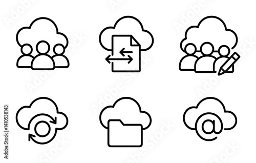 outline vector icons of cloud collaboration: team cloud, shared file, group editing, cloud comment, co-author icon, real-time sync, shared folder, mention tag. ine style icons in a modern, minimalist