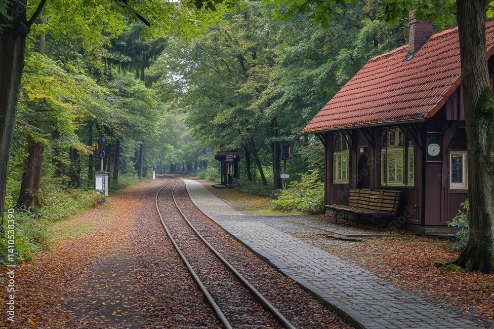 Obraz premium Old train station surrounded by trees and autumn leaves on a tranquil railway