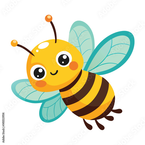 Cartoon vector of happy bee flying with wings up on white background