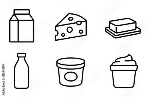 outline vector icons of dairy products: milk carton, cheese wedge, yogurt cup, butter slab, cream bottle, ice cream tub, cottage cheese, sour cream. ine style icons in a modern, minimalist design.