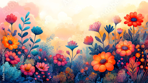 vibrant fantasy garden illustration features colorful flowers and lush foliage under warm, glowing sky. scene evokes sense of wonder and tranquility, with dreamy atmosphere