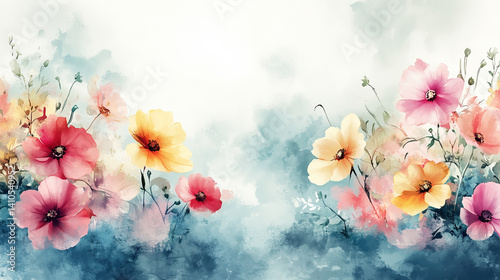 Colorful watercolor flowers create serene and artistic background, featuring pink, yellow, and red blossoms against soft, dreamy backdrop. floral arrangement evokes sense of tranquility
