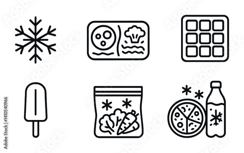 outline vector icons of frozen food: ice crystals, frozen meal, frozen veggies, ice cube tray, popsicle, freezer bag, frozen pizza, icy bottle. set of line style icons in a modern, minimalist design.