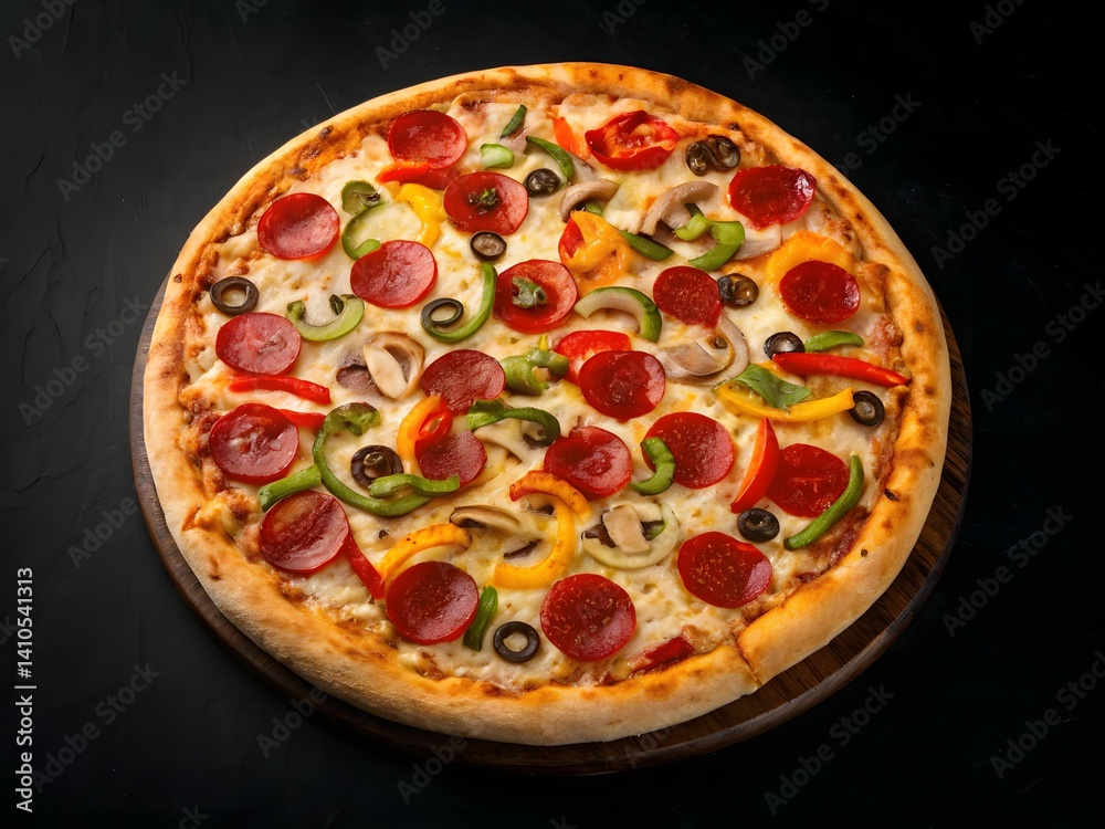 Top view of a freshly baked pepperoni pizza loaded with mushrooms, olives, bell peppers, and tomato slices, placed on a dark textured background. Perfect for food menus, delivery advertisements, Top view of a freshly baked pepperoni pizza loaded with mushrooms, olives, bell peppers, and tomato slices, placed on a dark textured background. Perfect for food menus, delivery advertisements,
