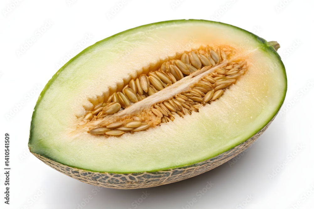 Half-cut ripe honeydew melon showing pale green flesh and visible seeds on a clean white background. Perfect for use in healthy eating, fruit nutrition, summer food, organic produce. Half-cut ripe honeydew melon showing pale green flesh and visible seeds on a clean white background. Perfect for use in healthy eating, fruit nutrition, summer food, organic produce.