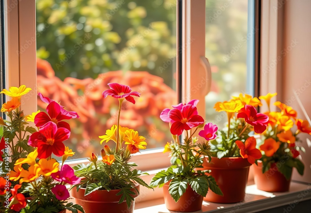 Fototapeta premium Vibrant ute flowers bloom in terracotta pots, basking in sunlight on a windowsill, terracotta, flowers
