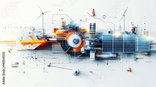 futuristic illustration showcasing green energy technology, featuring solar panels, wind turbines, and digital elements, symbolizing innovation and sustainability in renewable energy