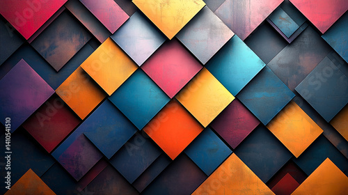 vibrant geometric pattern featuring overlapping squares in vivid colors like red, orange, blue, and yellow, creating dynamic and modern abstract design