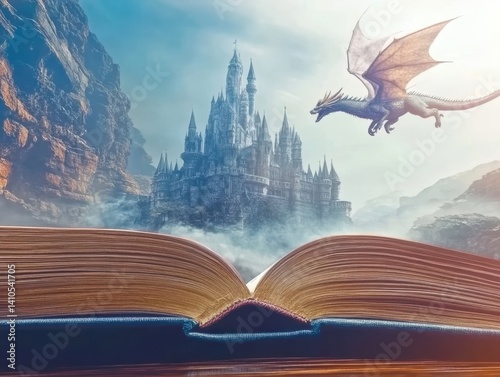 Open book with fairy castle and dragon. The concept of fairy tale literature, fantasy, magical worlds for children and adults.