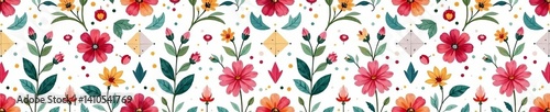Vibrant watercolor florals and geometric shapes, seamless pattern for fabric design, colorful, fabric, seamless