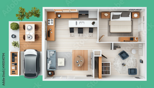 modern, minimalist house plan top view features open living area, kitchen with island, cozy bedroom, and outdoor deck with seating. design is compact and efficient