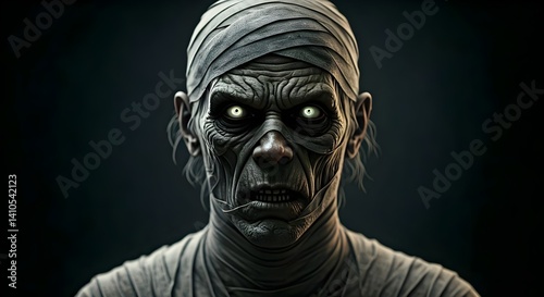 Halloween mummy wallpaper, scary egyptian mummy close up over a black background