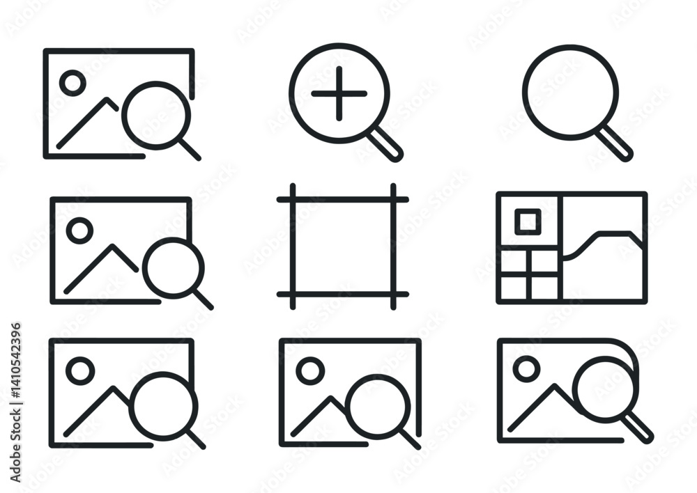 outline vector icons of image zooming: magnify photo, zoom into image, lens icon, image detail, photo crop, scale image, high resolution view, corner zoom. ine style icons in a modern, minimalist
