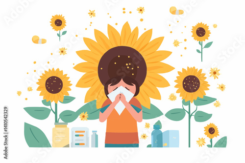 Flat vector-style concept showing allergy to sunflowers: flowers, sneezing person, pollen, and medicine. Ideal for health articles, UI, infographics, and seasonal visuals