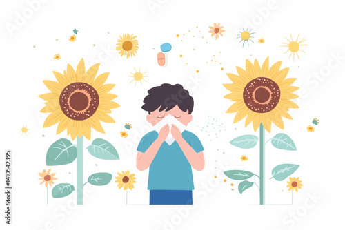 Flat vector-style concept showing allergy to sunflowers: flowers, sneezing person, pollen, and medicine. Ideal for health articles, UI, infographics, and seasonal visuals